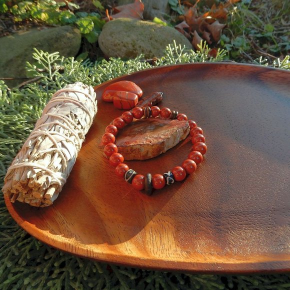 Life Force Fossil Energy Mala Bracelet/Men's Mala Bracelet/Red Jasper Grounding - Picture 3 of 4
